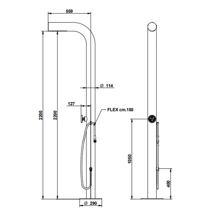 BONGIO Душевая стойка напольная, с смесителем, верхним душем и душем для ног, в комплекте с встраиваемой частью, цвет нержавейка/ручка черный матовый