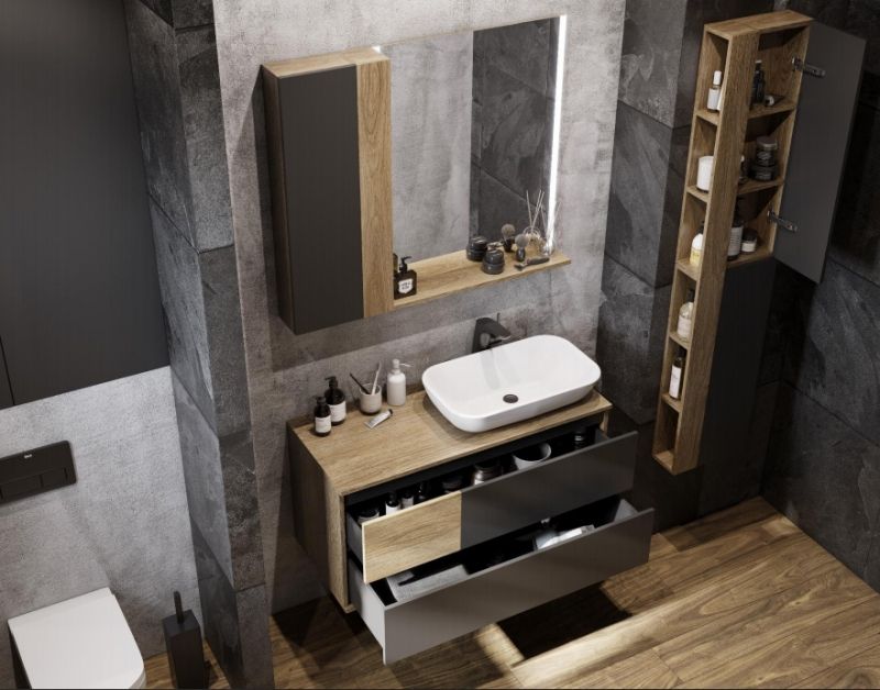 Шкаф пенал Акватон Терра 35 1A247503TEKA0 подвесной Дуб Кантри Антрацит матовый, артикул 1A247503TEKA0