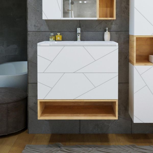 Тумба с раковиной и нишей Бриклаер КРИСТАЛЛ 80B, белый/дуб бунратти