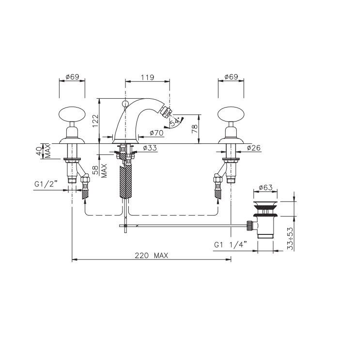 Nicolazzi Cristallo Di Rocca Смеситель для биде на 3 отверстия, излив: 119мм, цвет: хром