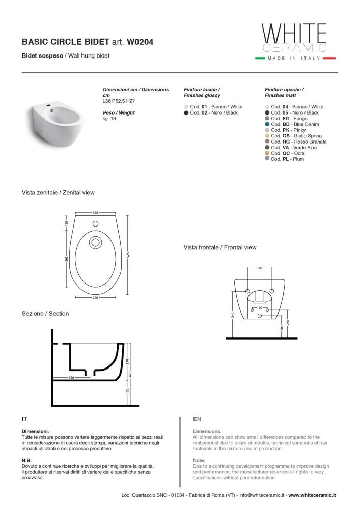 White Ceramic Basic, подвесное биде c крепежом, 50x36x26h см, цвет белый глянцевый, артикул W020401