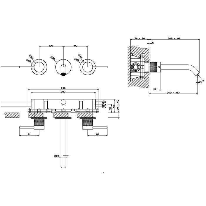 GESSI 316 Встраиваемый смеситель для раковины на 3 отверстия, излив 200-180мм (внешние части), цвет: brushed black metal pvd GESSI 316 Встраиваемый смеситель для раковины на 3 отверстия, излив 200-180мм (внешние части), цвет: brushed black metal pvd
