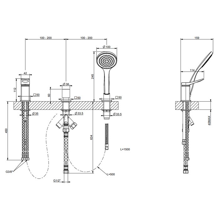GESSI Rilievo Смеситель на борт ванны на 3 отв, с убирающаяся душевой лейкой, для наполнения через слив-перелив, цвет: хром