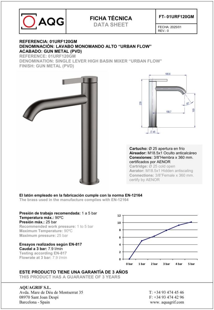 AQG Urban Flow, высокий однорычажный смеситель для раковины без донного клапана, цвет оружейная сталь (PVD), артикул 01URF120GM