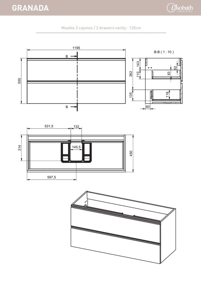 Visobath Granada, тумба 120 см, 2 ящика c черными ручками, цвет бежевый матовый лак (Cotton), артикул 70459/87608