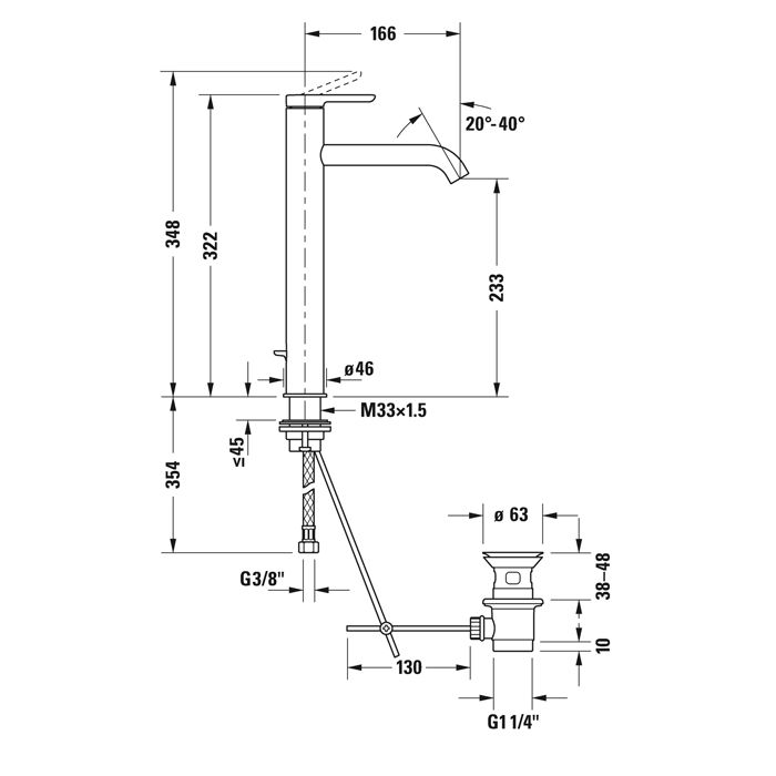 Duravit C.1 Смеситель для раковины на 1 отв. высокий h=322 мм, с донным клапаном, излив 166мм, цвет: хром, артикул C11040001010