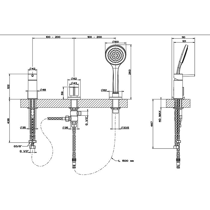 Gessi Emporio Via tortona Смеситель для ванны на 3 отверстия наполнение через слив-перелив, лейка, цвет: Chrome, артикул 18643#031