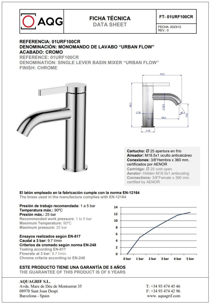 AQG Urban Flow, однорычажный смеситель для раковины без донного клапана, цвет хром
