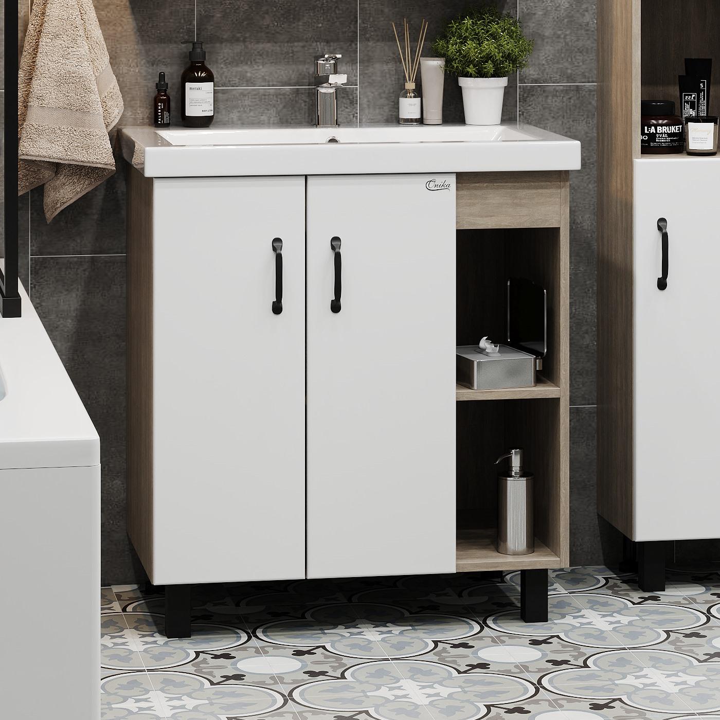 Тумба Onika Тимбер 70 напольная, белая мат./дуб сонома (ум. Фостер 70)