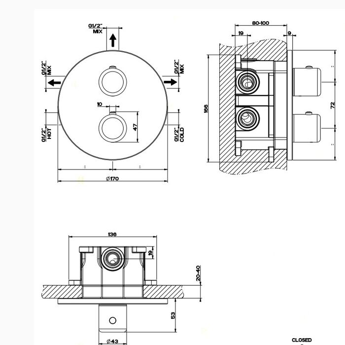 Gessi Goccia Встраиваемый термостат, подключение на 3/4”, с переключателем на 3 выхода(внешние части), цвет: хром