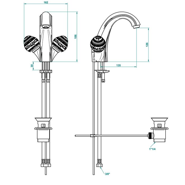 THG MARQUISE BLANC DECOR PLATINE Смеситель для раковины на 1 отверстие, с донным клапаном, ручки белые, декор платина, цвет хром
