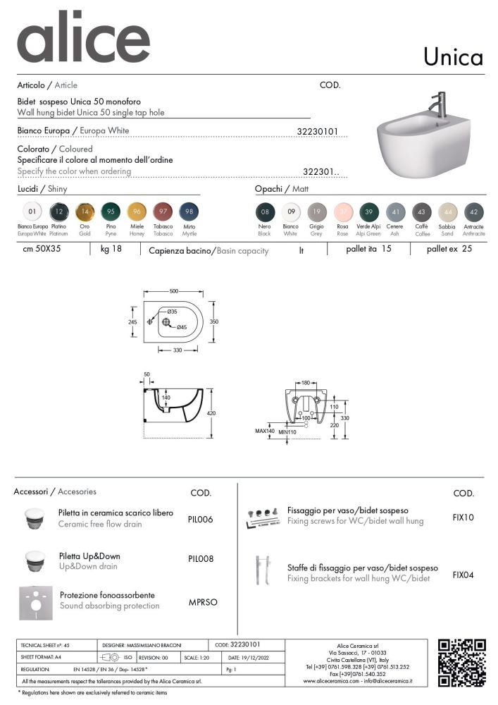 Alice Unica 50, подвесное биде c крепежом fix10, 50x35 см, цвет белый глянцевый, артикул 32230101