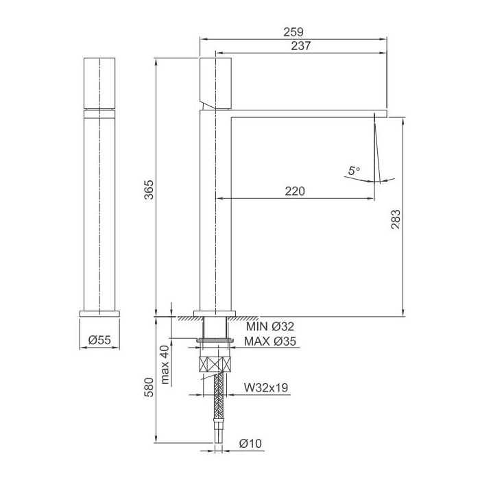 Fantini Milano Смеситель для раковины, 1 отв., без донного клапана, излив 220мм, цвет: матовая натуральная сталь