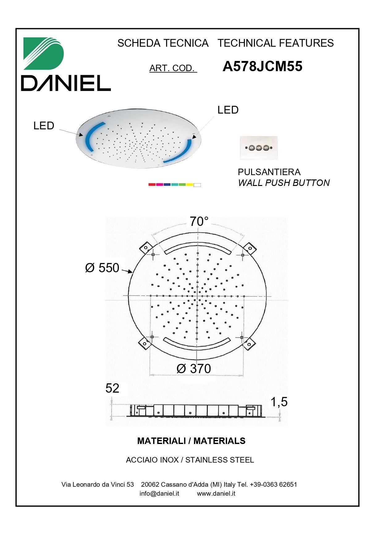 Daniel, потолочная лейка для душа с 7 цветной светодиодной подсветкой, диаметр 550 мм, цвет хром