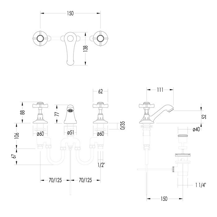 Devon Coventry Смеситель для биде на 3 отв., с донным клапаном, излив 111 мм, цвет: светлое золото, артикул MARF35