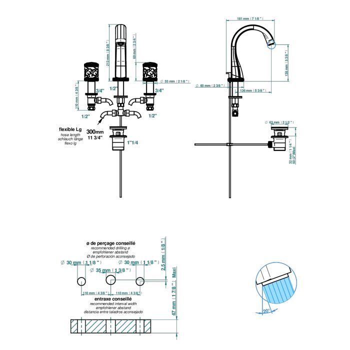 THG HIRONDELLES GOLD STAMPED Смеситель для раковины на 3 отверстия, с донным клапаном, цвет Soft gold