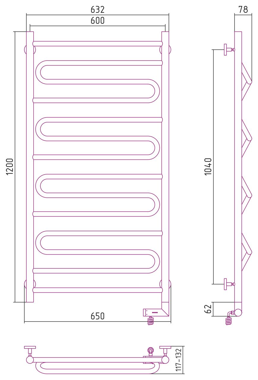 Полотенцесушитель электрический "ЭЛЕГИЯ 2.0" 1200х600 / МЭМ правый (Матовый черный)
