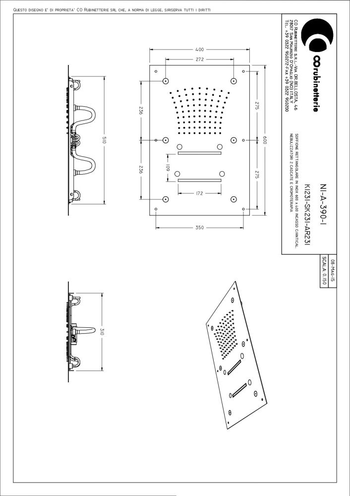 Graffio Skin, прямоугольная  душевая головка 60х40 см с 7 цветной LED подсветкой, 3 режима: дождь и 6 распылителей,2 каскадные струи цвет Rosso-кожа