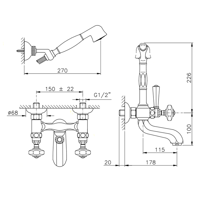 Nicolazzi Teide Смеситель для ванны с душем duplex настенный на 3 отверствия, излив: 178 мм, ручки Crystal handle, цвет: хром