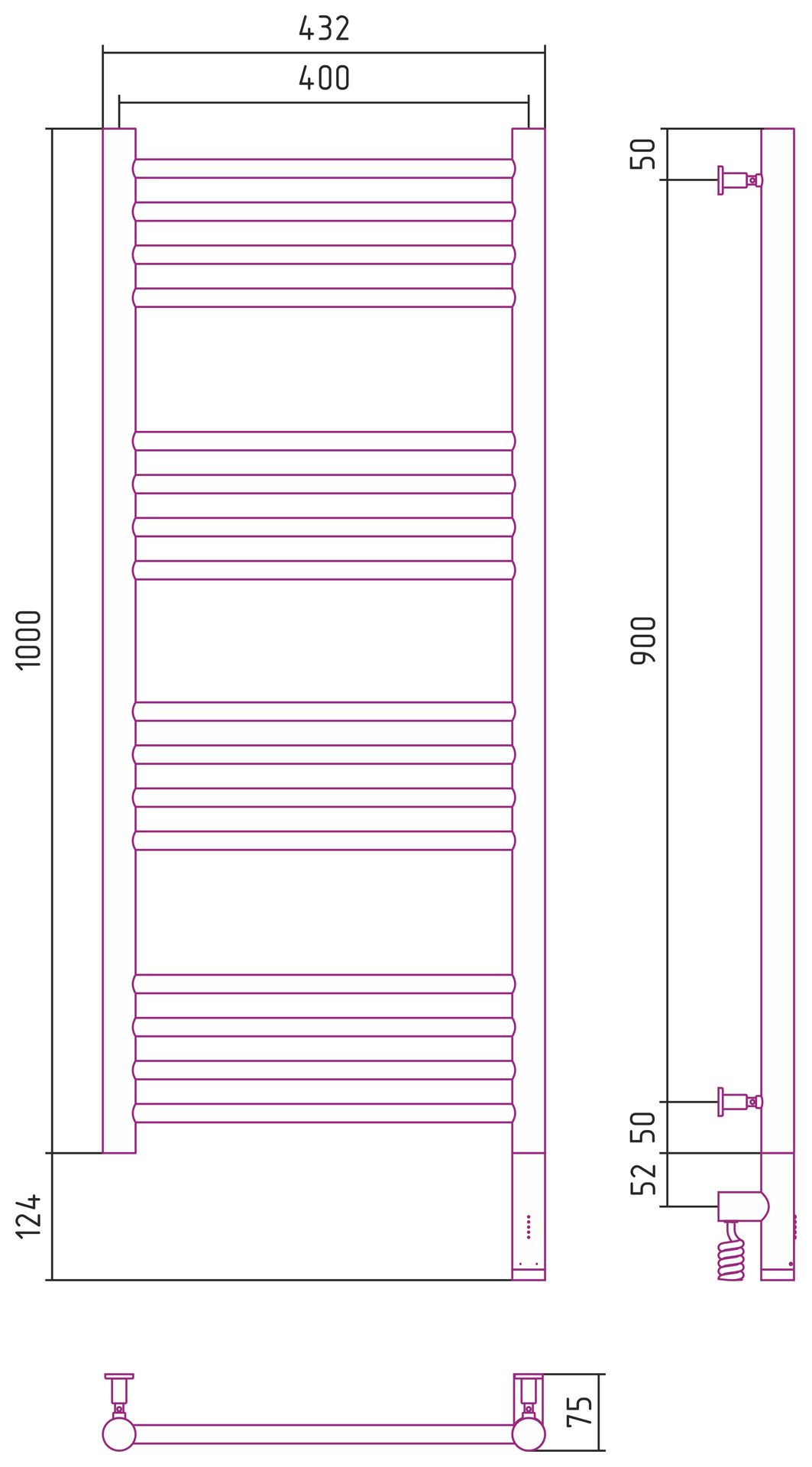 Полотенцесушитель, Сунержа, Богема 3.0, электрический, ширина, мм-432, глубина, мм-75, высота, мм-1124, межосевое расстояние-400, подключение-нижнее справа, электрокомплект-МЭМ, мощность, Вт-300, материал-нержавеющая сталь, цвет-сталь