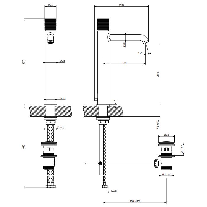 GESSI HABITO TRAME Смеситель для раковины высокий  на 1 отверстие, однорычажный, в комплекте с донным клапаном, цвет Black Metal Brushed PVD