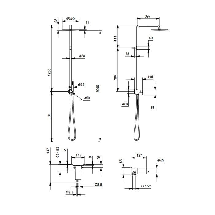 Fantini Nostromo Смеситель для душа, встраиваемый, на 2 выхода, (наружняя часть),с верхним душем 300мм, цвет: хром