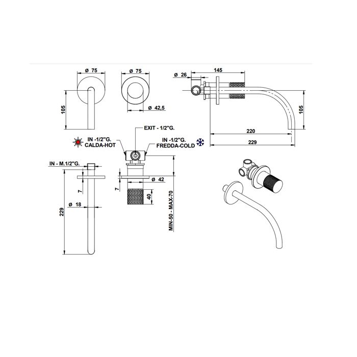 Bongio Capsule Смеситель настенный на 2 отв , излив 229 мм, ., цвет хром/ручка GG(с внутр частью 097610000), артикул 88538CRGG22