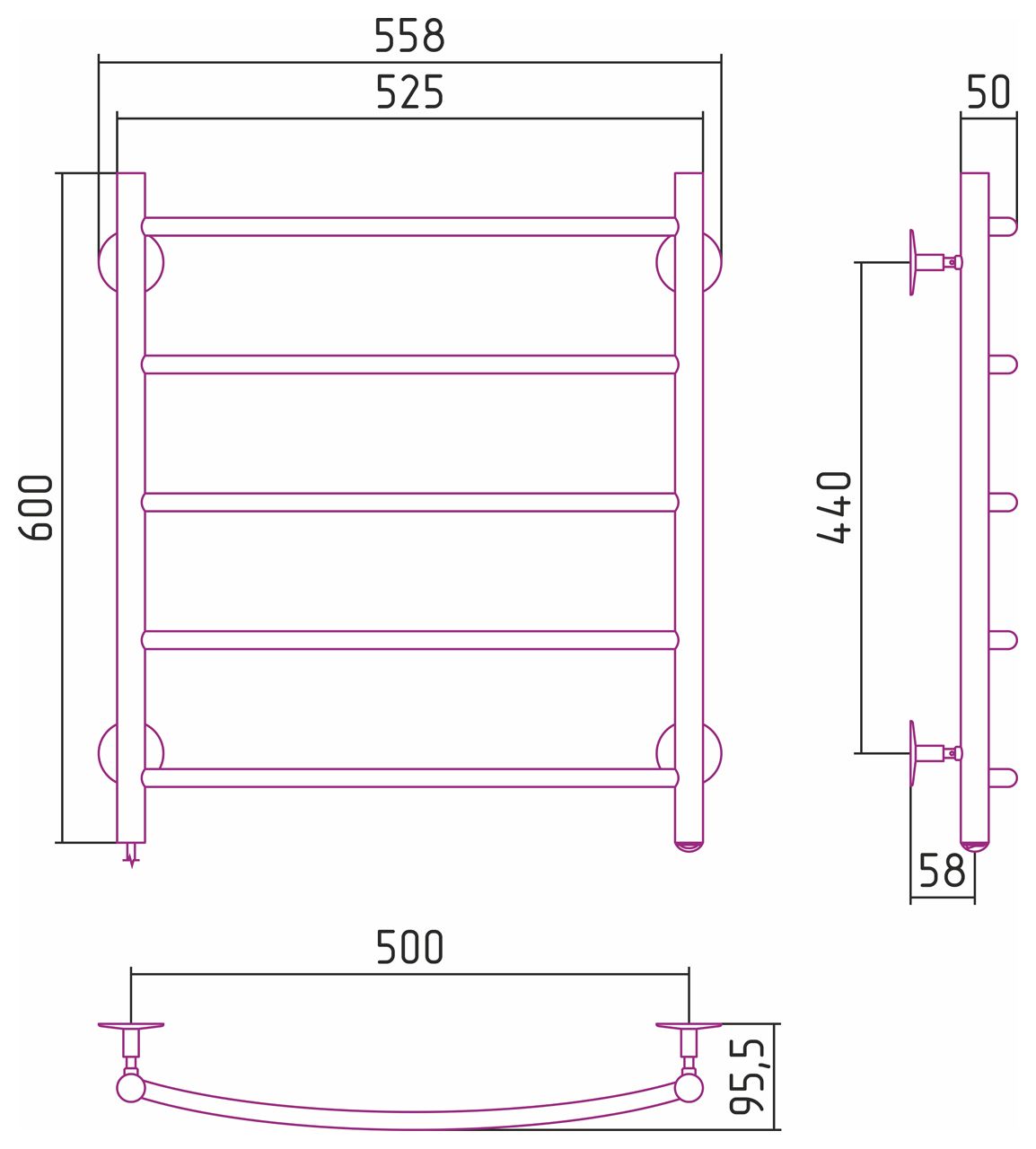 Электрический полотенцесушитель СТИЛЬЕ "Формат 40 Л" 600х500 (5) Г16 (Без покрытия)
