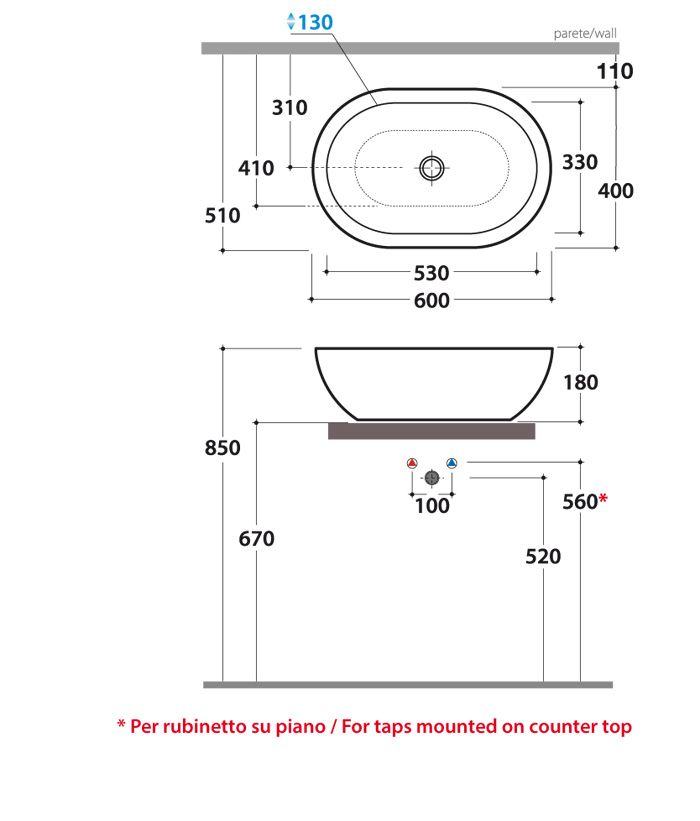GLOBO Bowl Раковина накладная 60*40*h18см, без отв-я под смеситель, без перелива, с креплением, цвет белый
