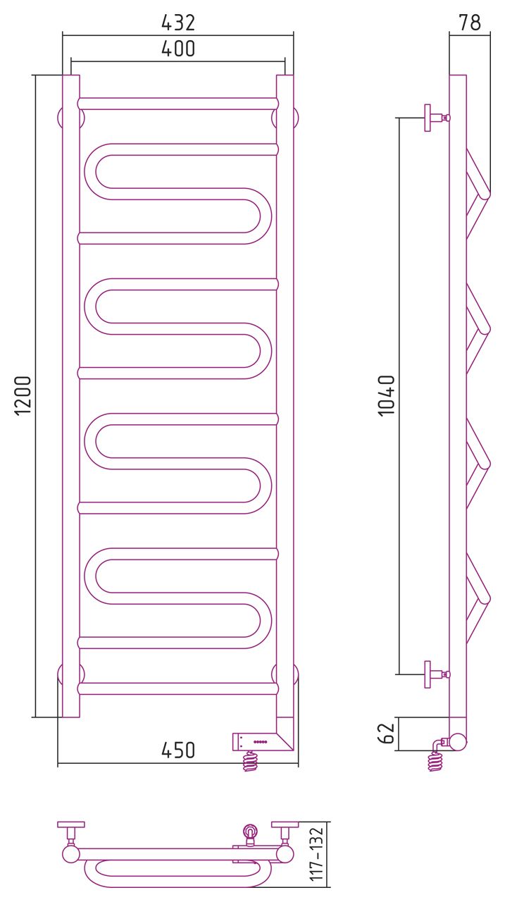 Полотенцесушитель электрический "ЭЛЕГИЯ 2.0" 1200х400 / МЭМ правый (Белый (RAL-9003))