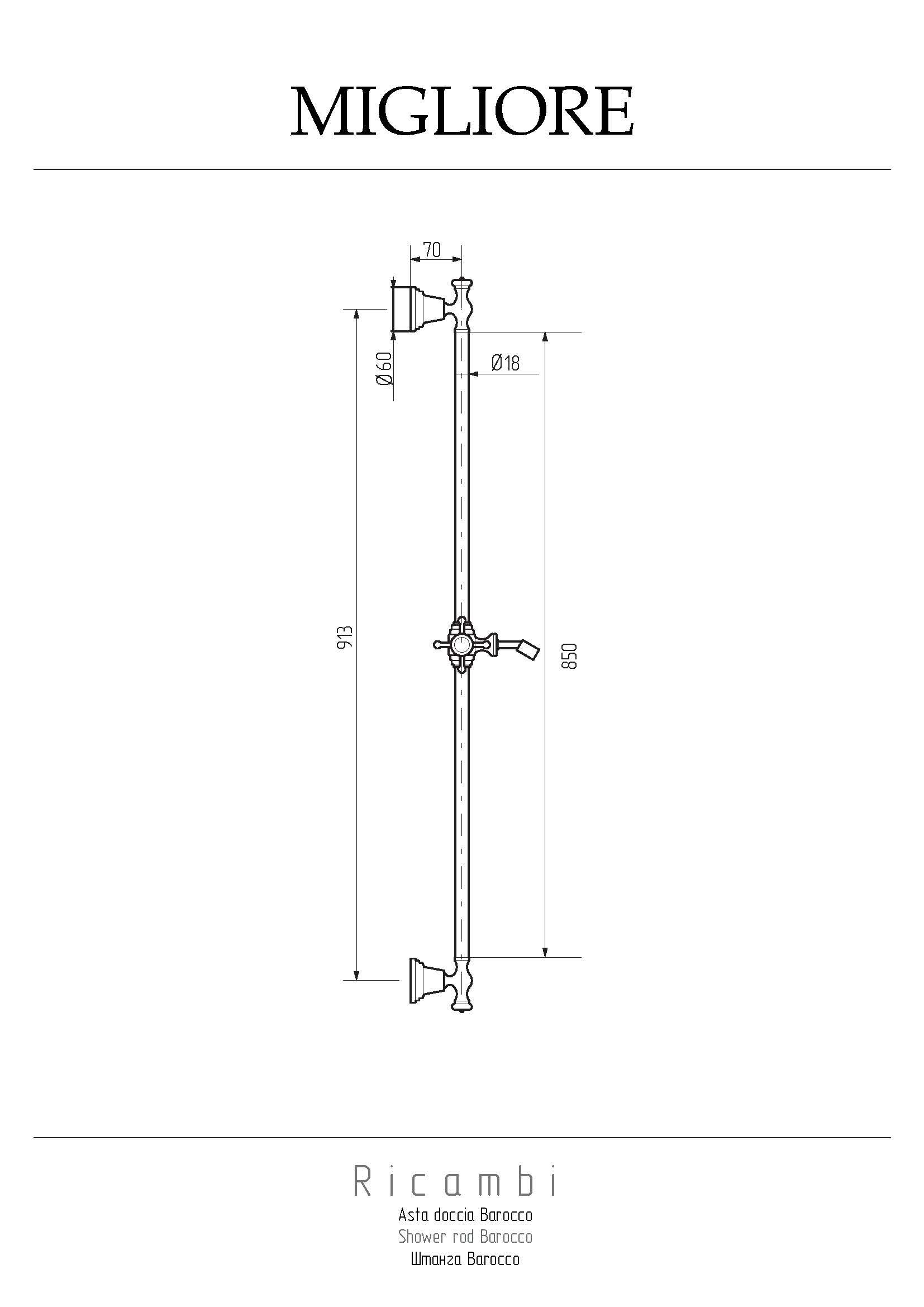 BAROCCO Штанга душевая, с держателем, H90 cm., золото