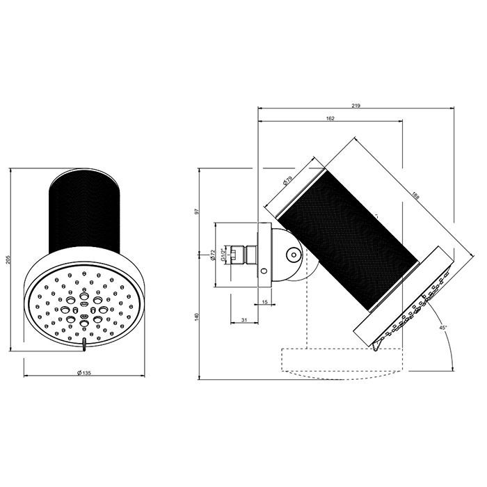 GESSI 316 DIAMANTATO Верхний душ Ø135 мм., с настенным креплением, 3 режима, цвет Steel Brushed