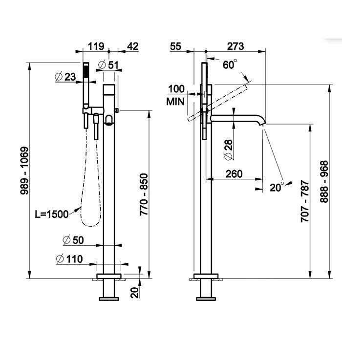 GESSI HABITO UNITO Смеситель для ванны напольный, однорычажный, цвет хром