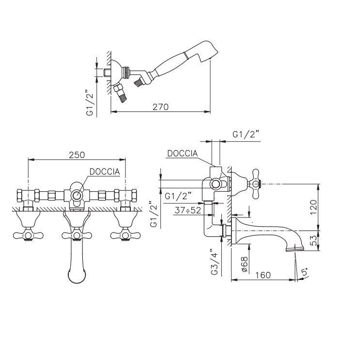 Nicolazzi Nuova Brenta Смеситель для ванны трехвентильный  встраиваемый, с душевой лейкой, излив: 160 мм, цвет: Gold Brass