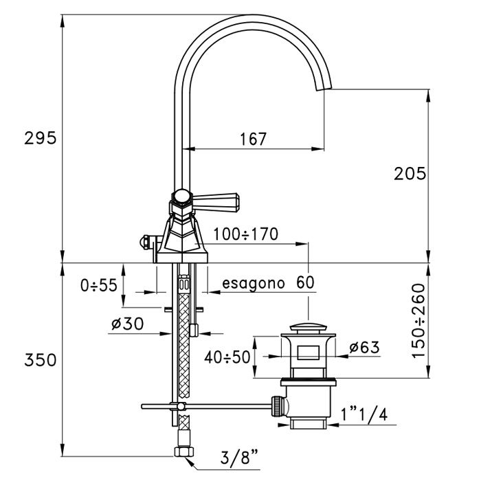 Stella Eccelsa Leve Смеситель для раковины на 1 отверстие 3217P, с донным клапаном и высоким изливом, цвет: хром