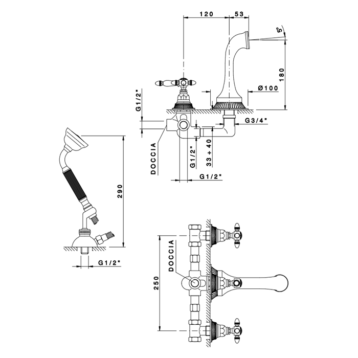 Nicolazzi Impero Смеситель для ванны с изливом из стены на 4 отверстия, встраиваемый, излив: 180 мм, цвет: хром