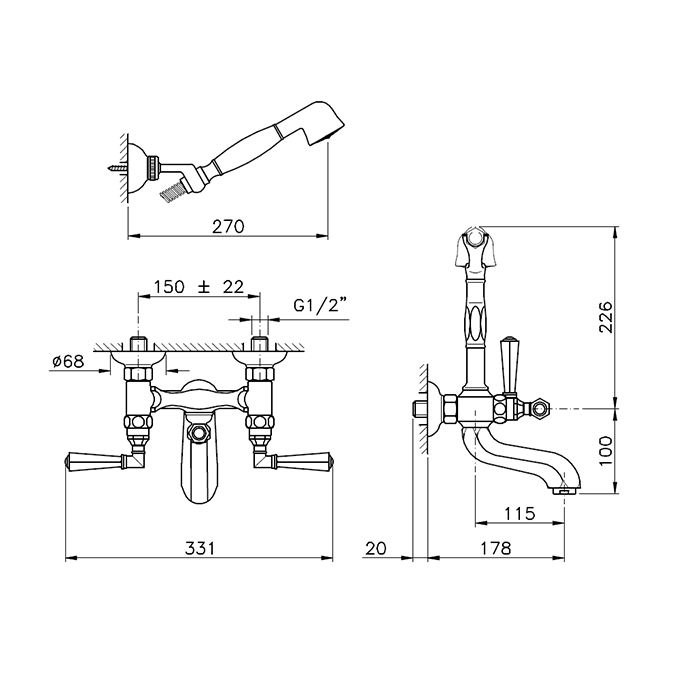 Nicolazzi Teide Смеситель для ванны с душем duplex настенный на 3 отверствия, излив: 178 мм, цвет: Gold Brass