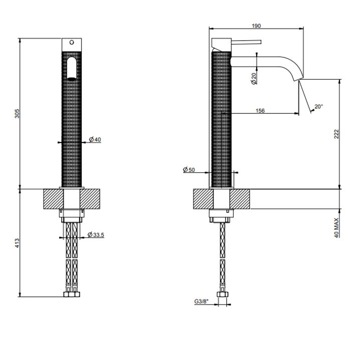 GESSI 316 Смеситель для раковины на 1 отверстие, высокий h=305мм, без донног клапана, излив 156мм, цвет: brushed black metal pvd