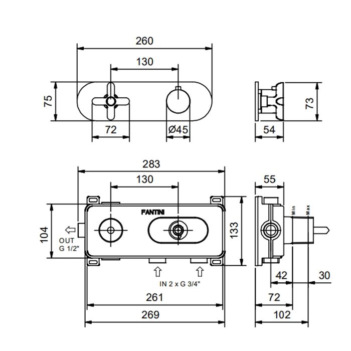 Fantini Icona Classic Термостатический встраиваемый смеситель для душа, 3/4'', цвет черный матовый