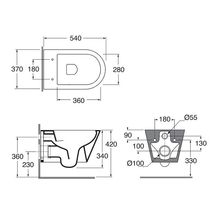 AZZURRA FORMA Унитаз подвесной 540х370х340 мм., безободковый, в комплекте с креплением, цвет Carbone
