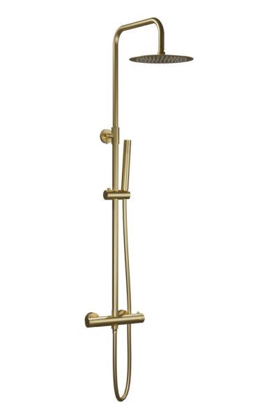 AQG Nite, душевая колонна регул. по высоте 95-150 см: c термостатом и круглым верхним душем 25 см, цвет матовое золото (PVD)