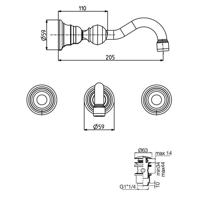 FIMA|Carlo Frattini Elizabeth Смеситель для раковины настенный монтаж, на 3 отв, излив 200 мм., донный клапан click-clack, внешняя часть, цвет бронза FIMA|Carlo Frattini Elizabeth Смеситель для раковины настенный монтаж, на 3 отв, излив 200 мм., донный клапан click-clack, внешняя часть, цвет бронза