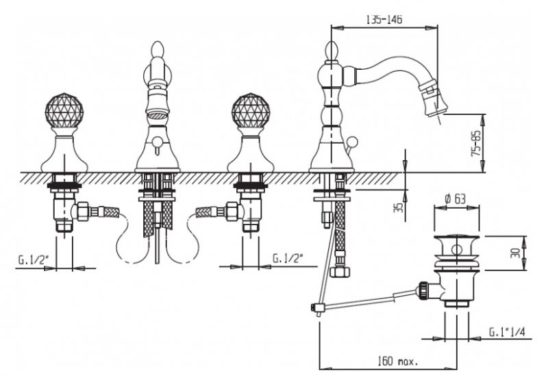 Смеситель для биде Cezares Atlantis ATLANTIS-BBS2-03/24-Sw Золото 24 карата кристаллы Swarovski