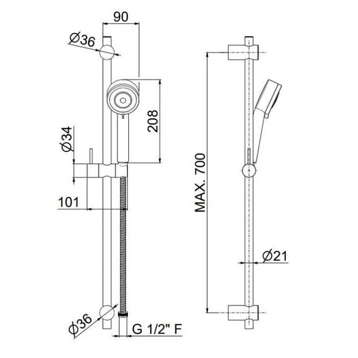 Душевая стойка NOTA c ручной лейкой на 3 режима и шлангом, без выхода для подачи воды, хром