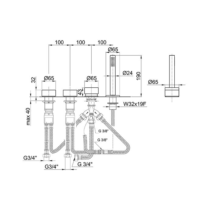Fantini AF/21 Смеситель на борт ванны, 4 отв., без излива, цвет: матовая натуральная сталь