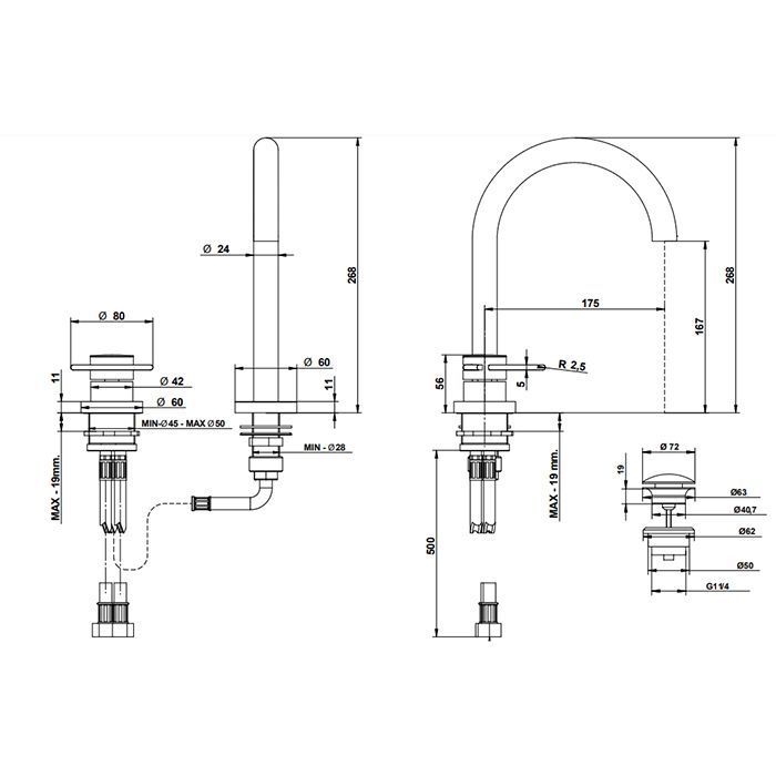 BONGIO LINEA Смеситель для раковины на 2 отверстия, однорычажный, в комплекте с донным клапаном click-clack, цвет Terra di Toscana, артикул 82501TTTT0H