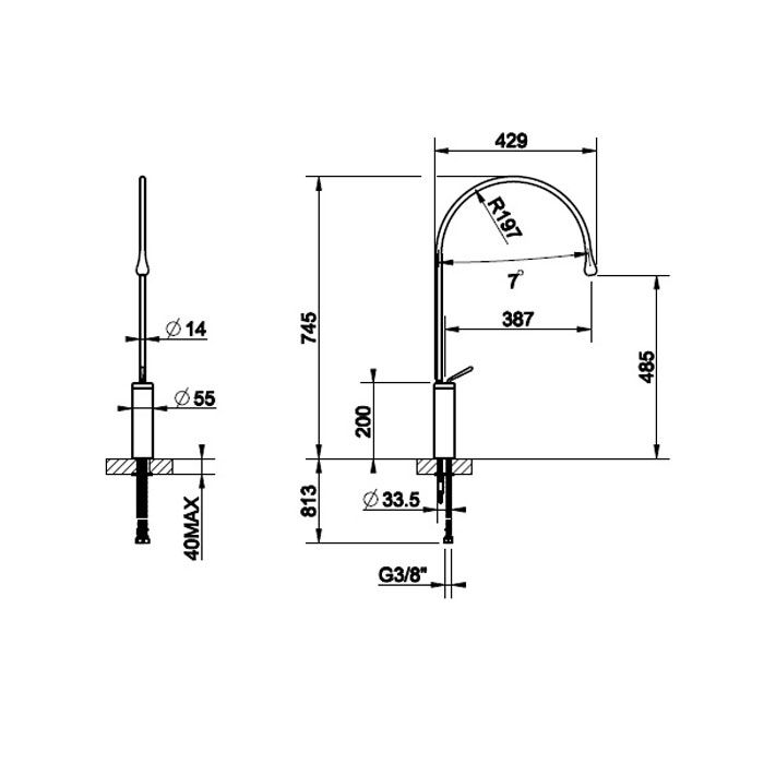 Gessi Goccia Смеситель для раковины на 1 отверстие, излив 387мм R=197, с фиксированным носиком,  цвет: черный