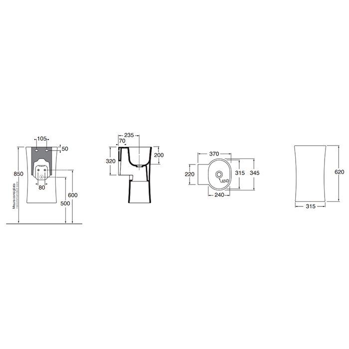AZZURRA NATIVO Раковина 350х370х620 мм., подвесная, без отверстий для смесителя, в комплекте с крепежом, цвет Carbone AZZURRA NATIVO Раковина 350х370х620 мм., подвесная, без отверстий для смесителя, в комплекте с крепежом, цвет Carbone