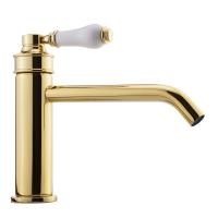 ERMITAGE MINI Смеситель для раковины моноком. излив 18см, ручка сверху, белый/золото