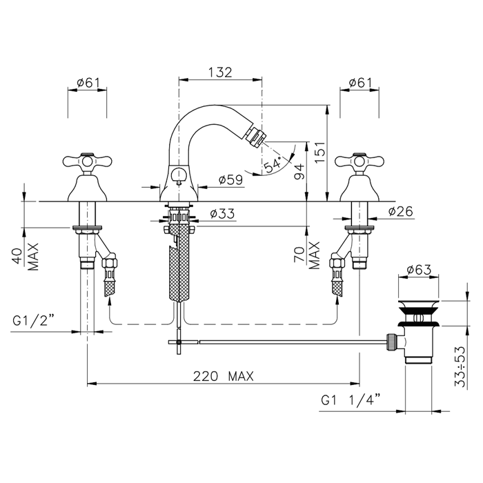 Nicolazzi Nuova Brenta Смеситель для биде на 3 отверстия, с донным клапаном, излив: 132мм, цвет: хром